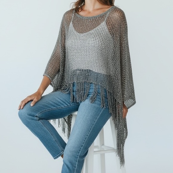 Women’s Fringe Sweater Cover Up in Blue - Picture 4 of 5